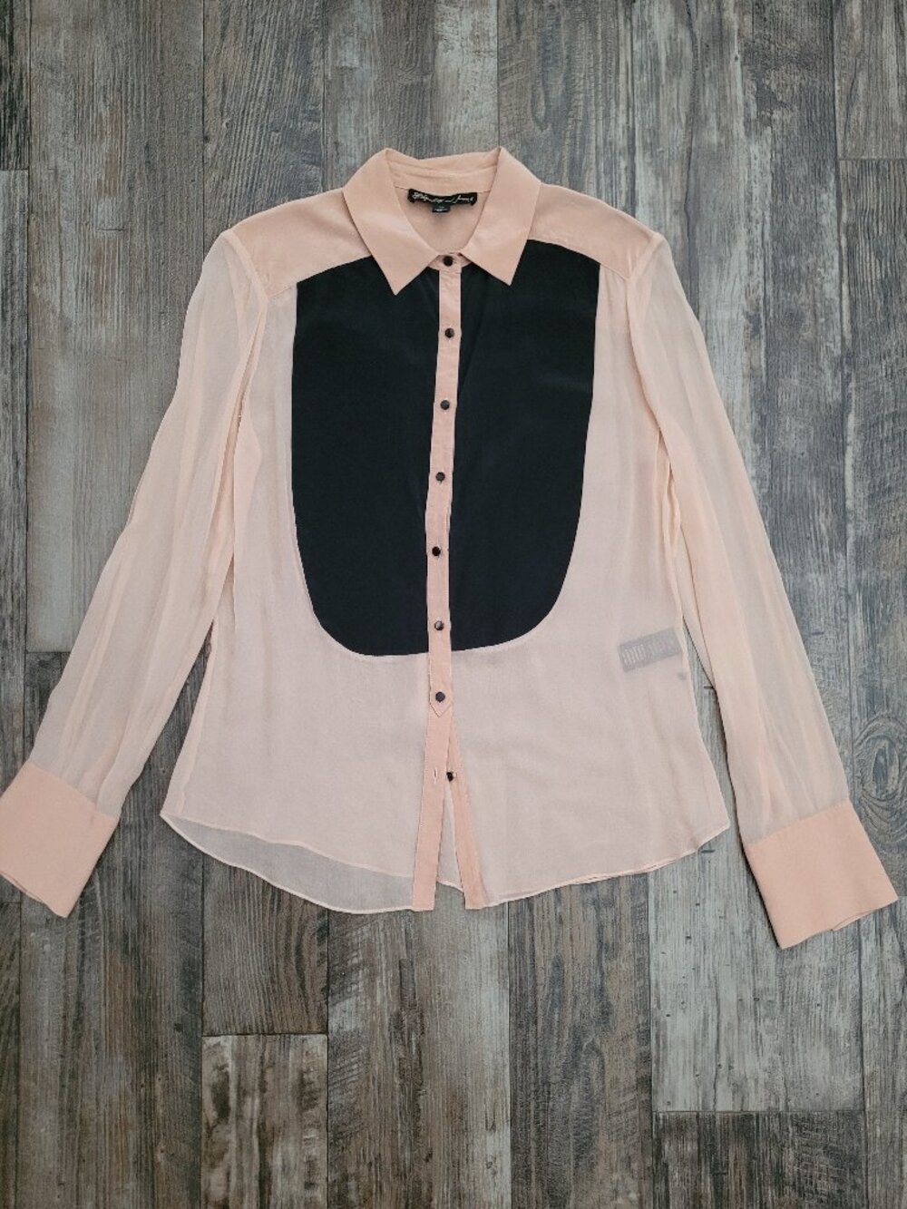 Elizabeth and James Sheer Tuxedo Front Button Down Collar Blouse